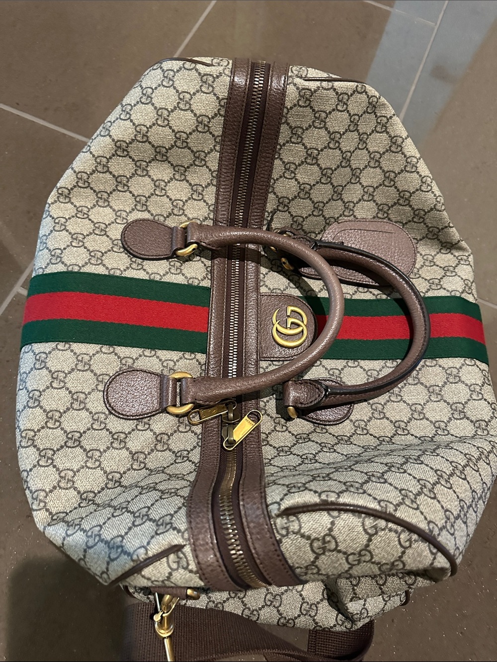 Gucci Brown GG Supreme Duffel with Green and Red Web Stripe - Picture 6 of 6